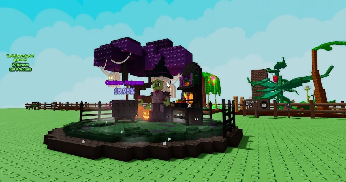 Witch and cauldron interface pictured in Grow a Garden Ghoul Garden strategy coverage