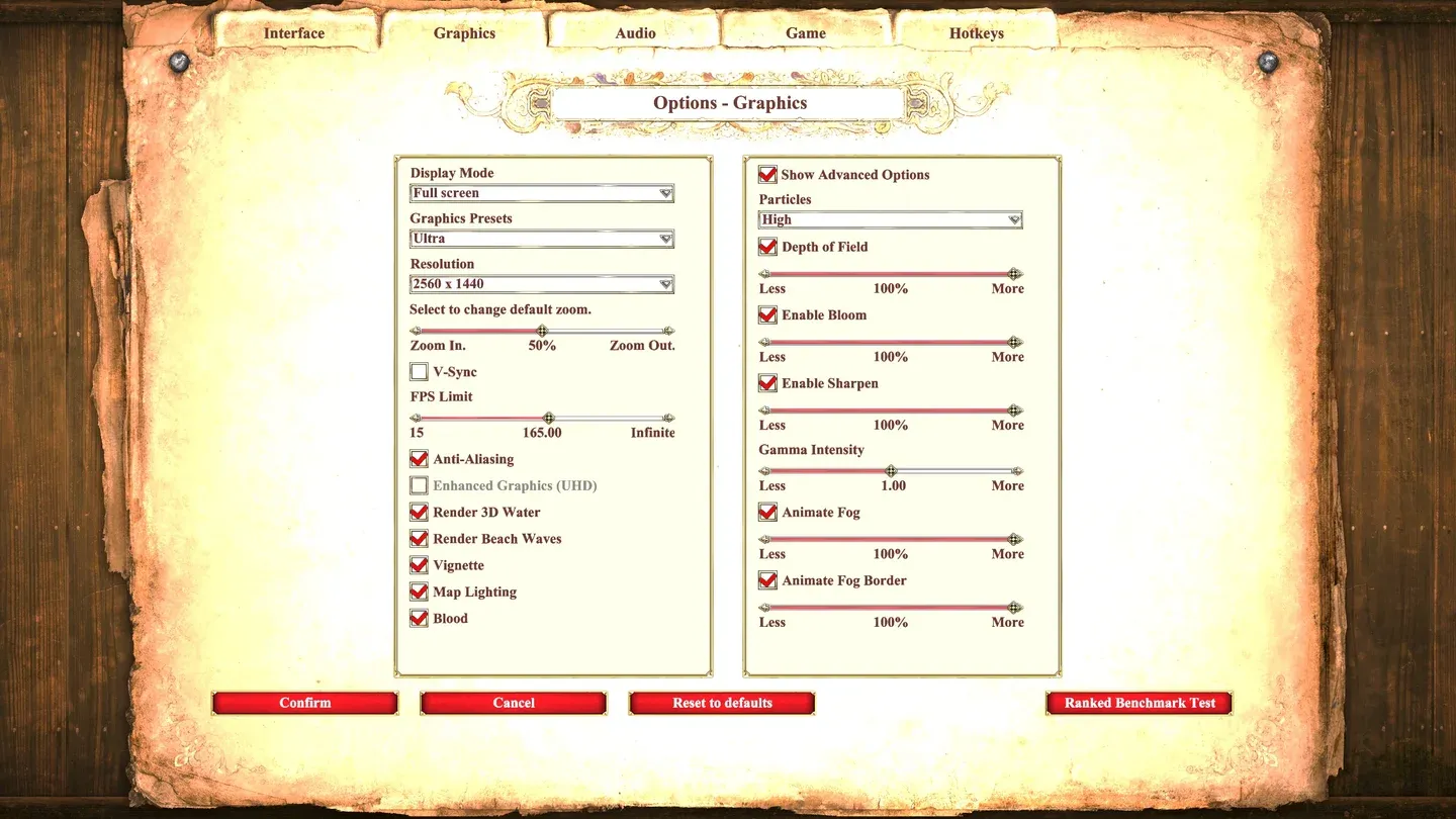 Graphics options screen