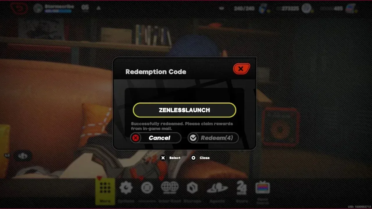 ZZZ code redemption screen