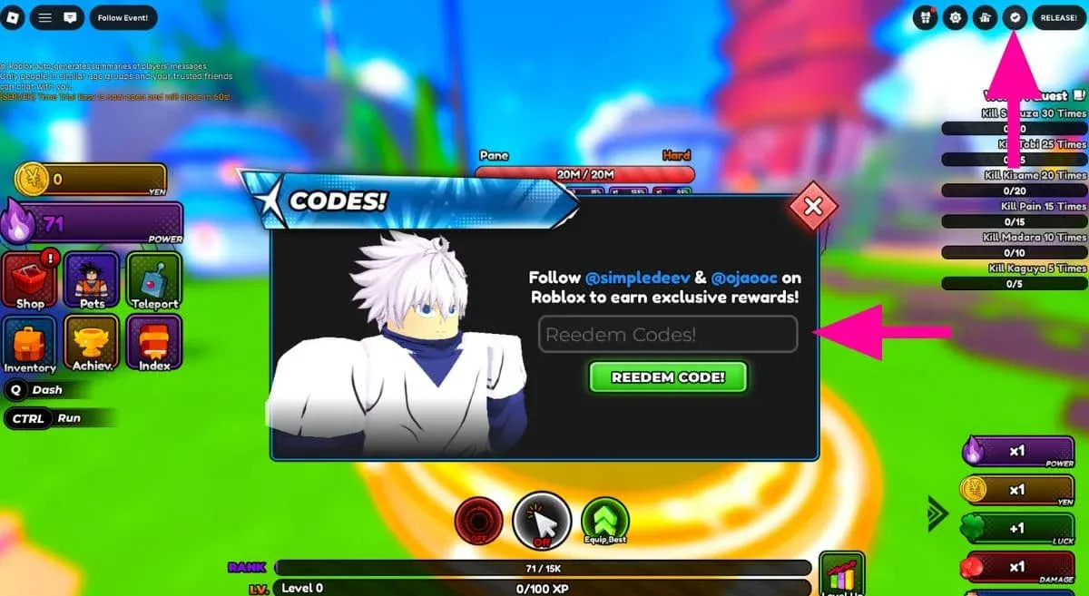 Code redemption screen