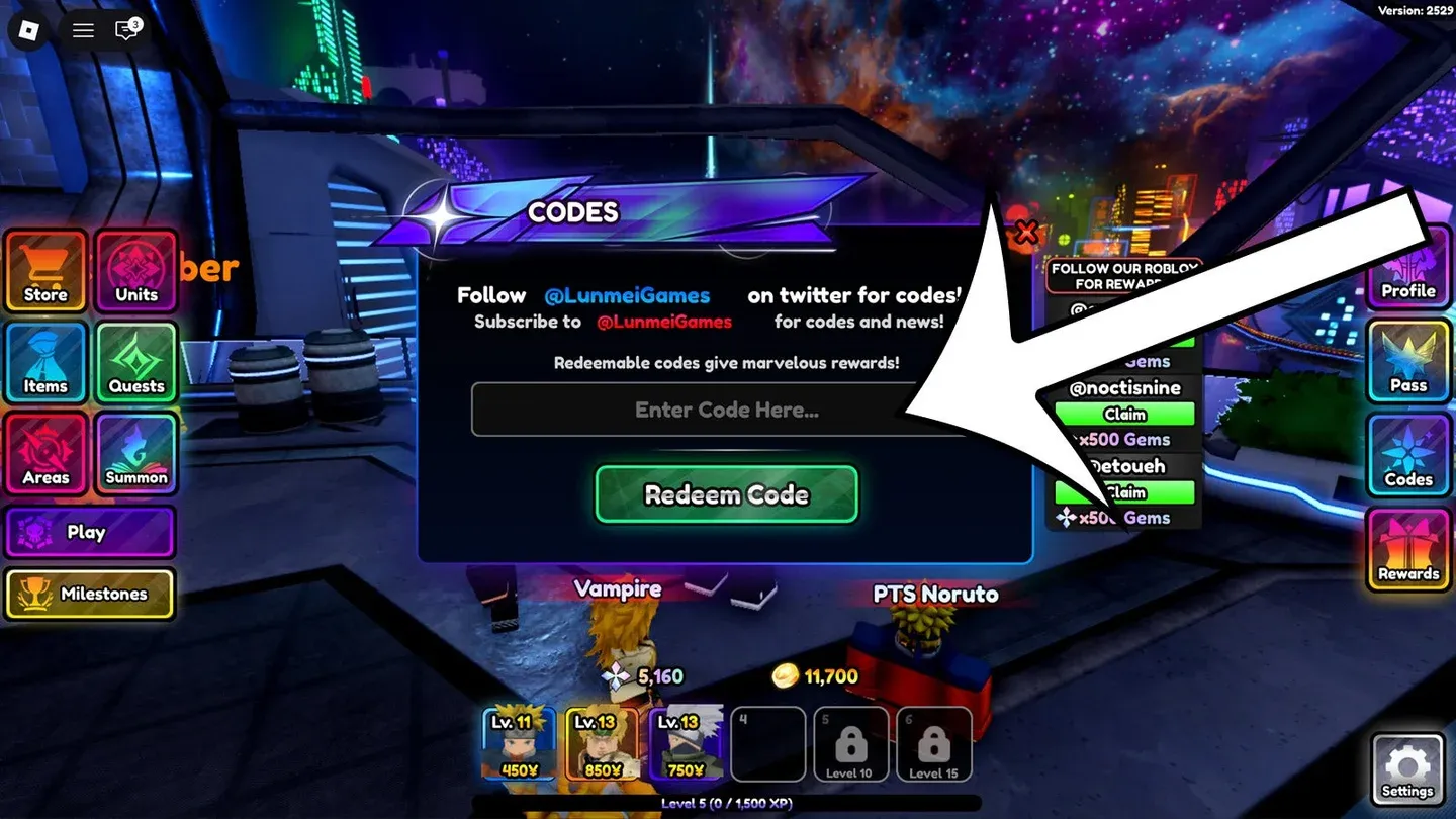 Code redemption menu tab