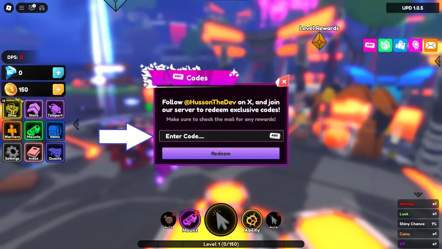 Code redemption screen