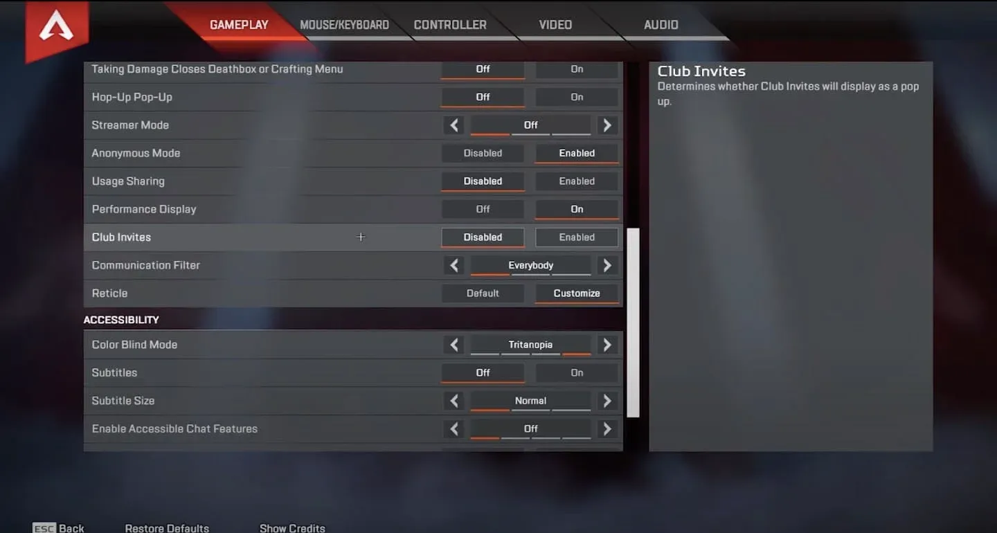 Video settings panel