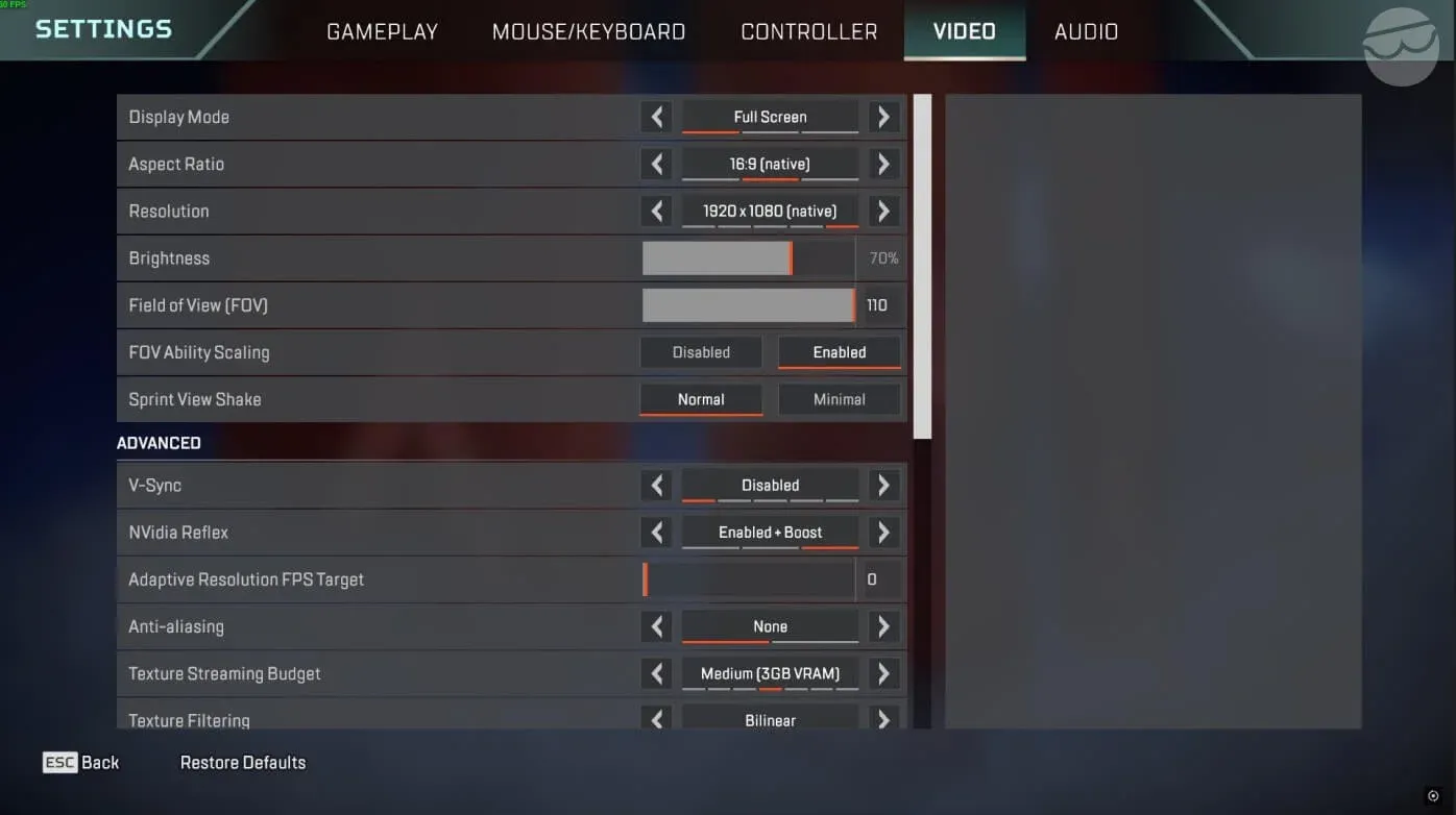 Advanced video settings panel