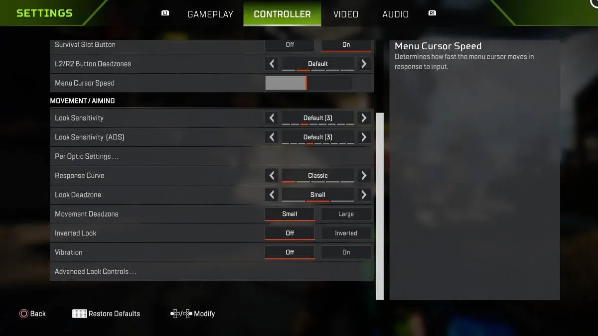 Advanced video settings panel