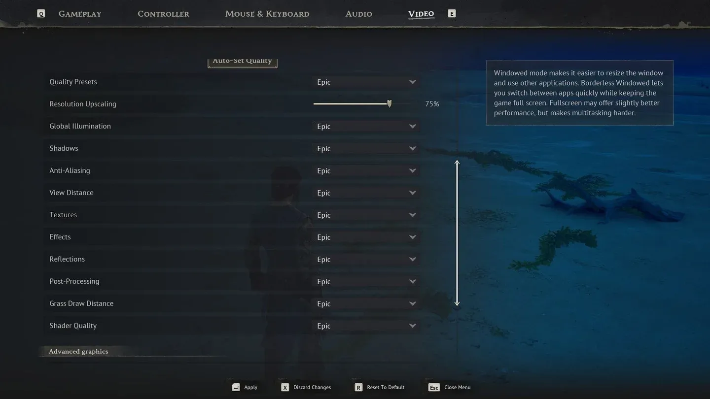 Menu delle impostazioni grafiche di Windrose