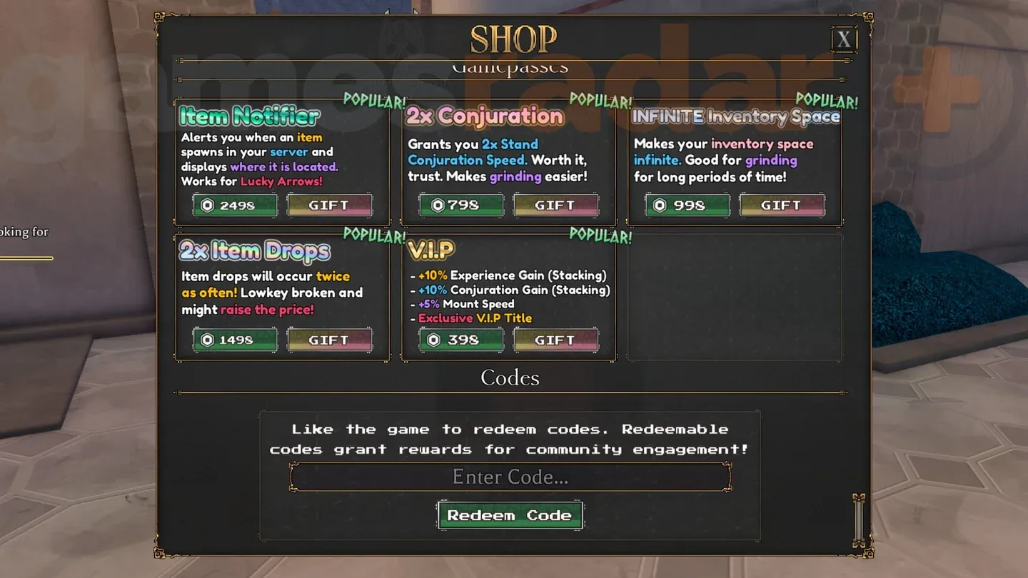 Code redemption shop menu