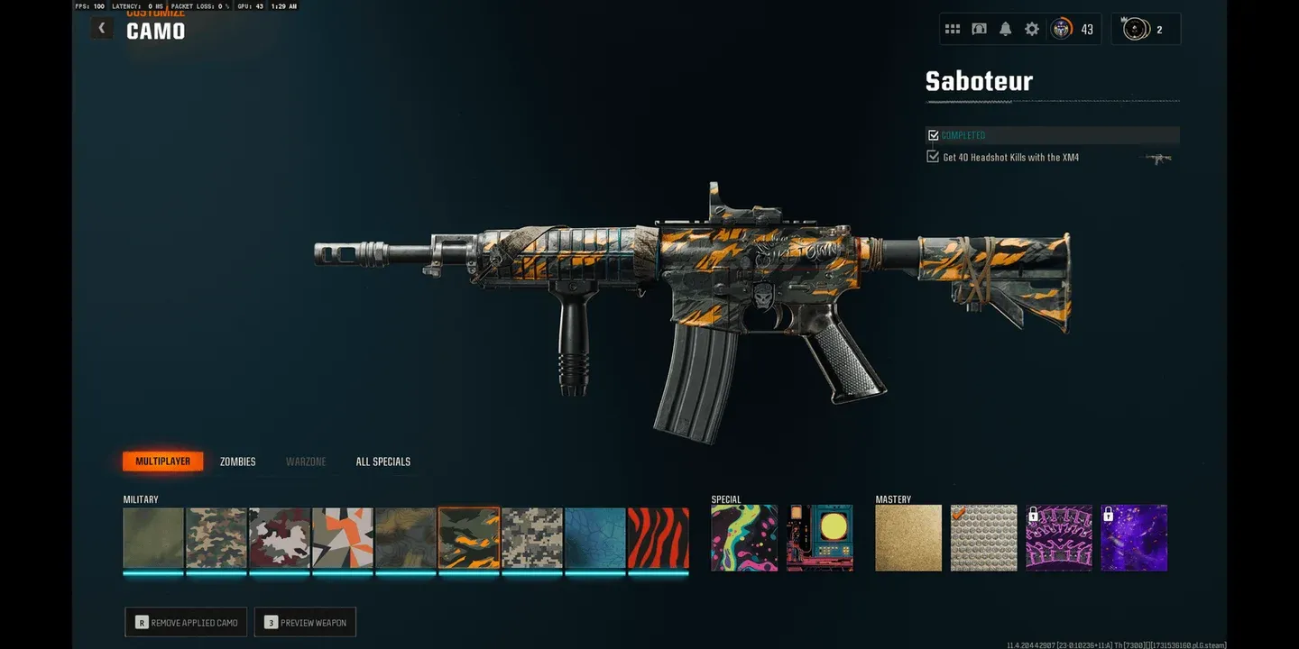 Camo unlock progression screen