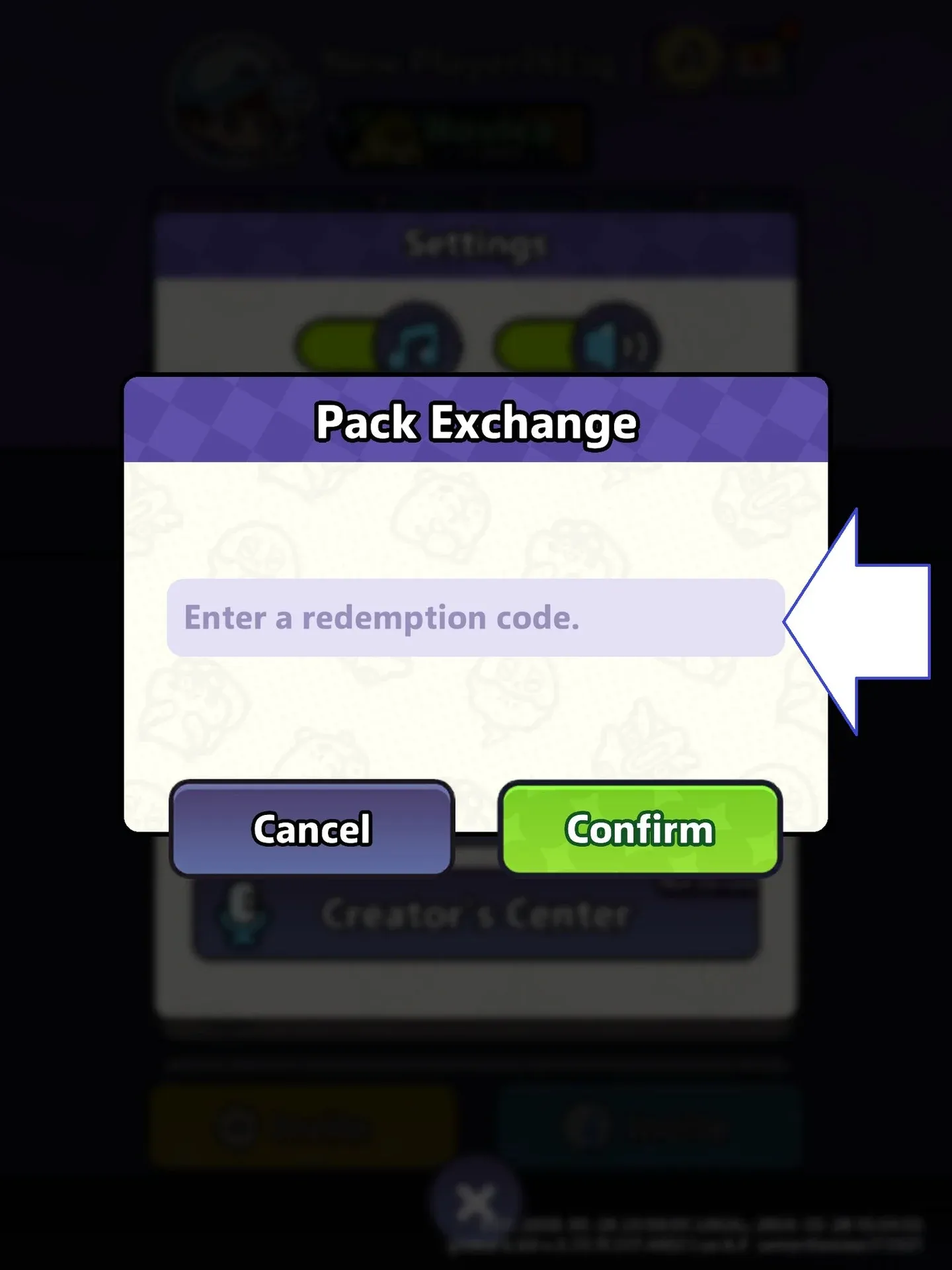 Code entry in camp menu