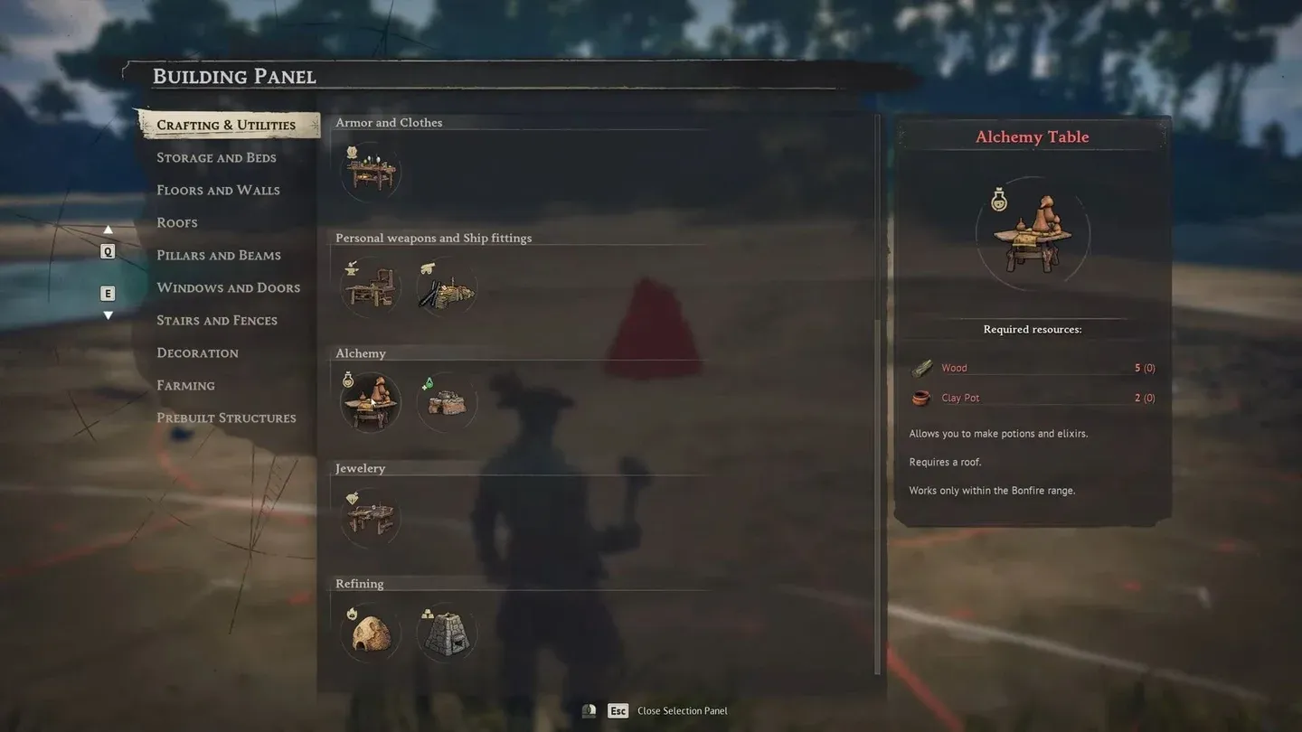 Alchemy table setup screen