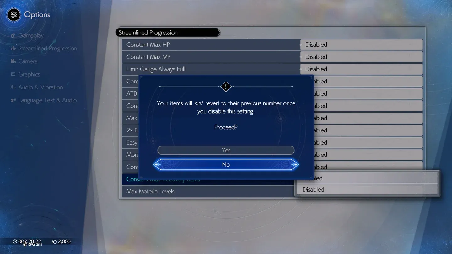 Streamlined Progression settings