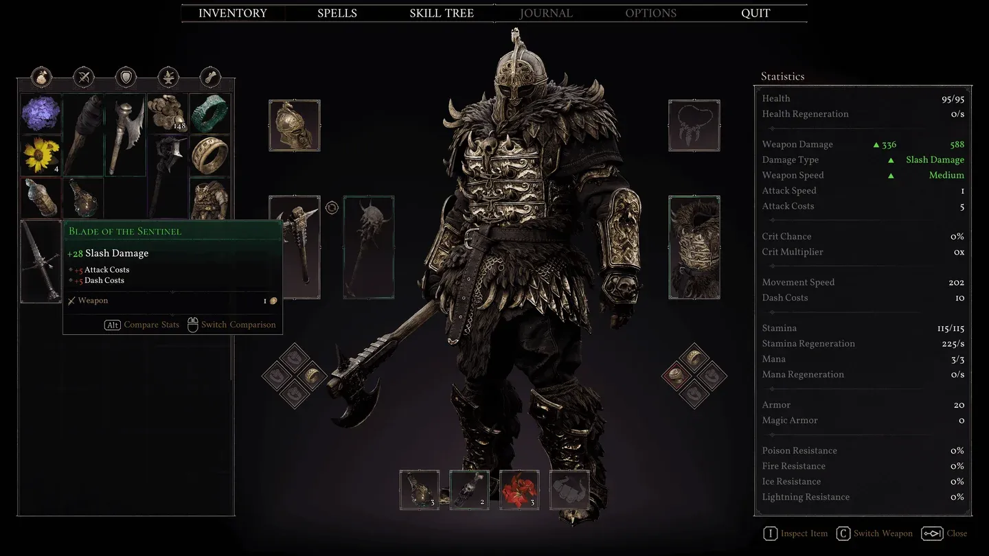 Starting weapon stat comparison