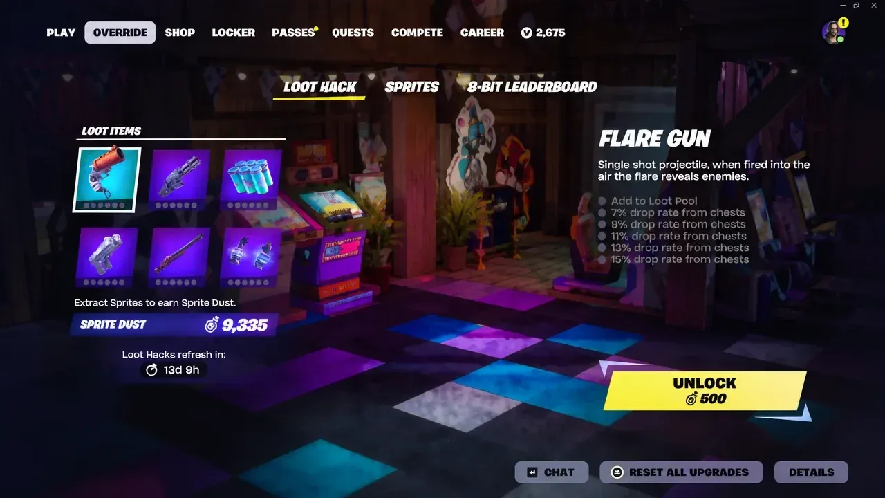 Pantalla de Loot Hack en la pestaña Override