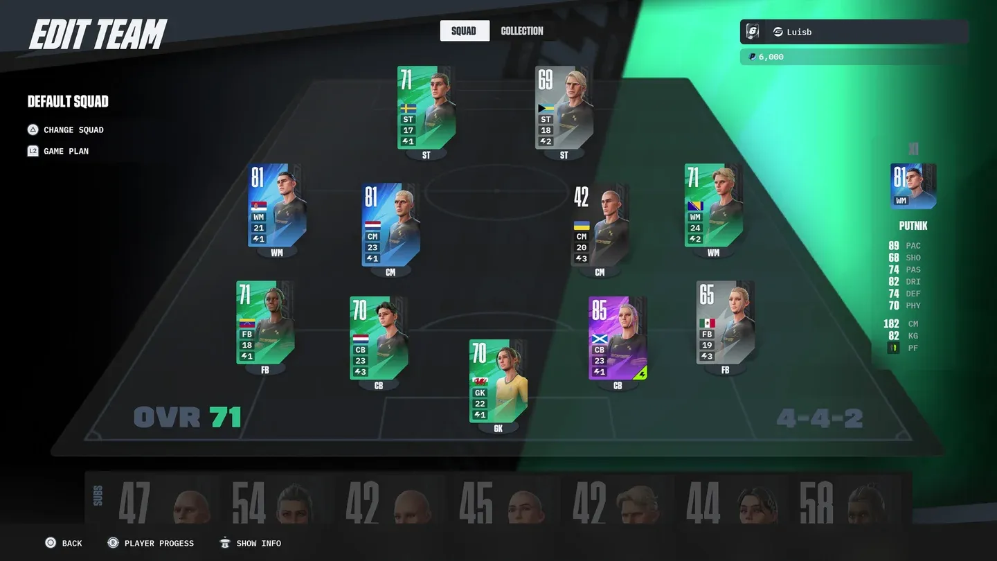 GOALS squad selection screen