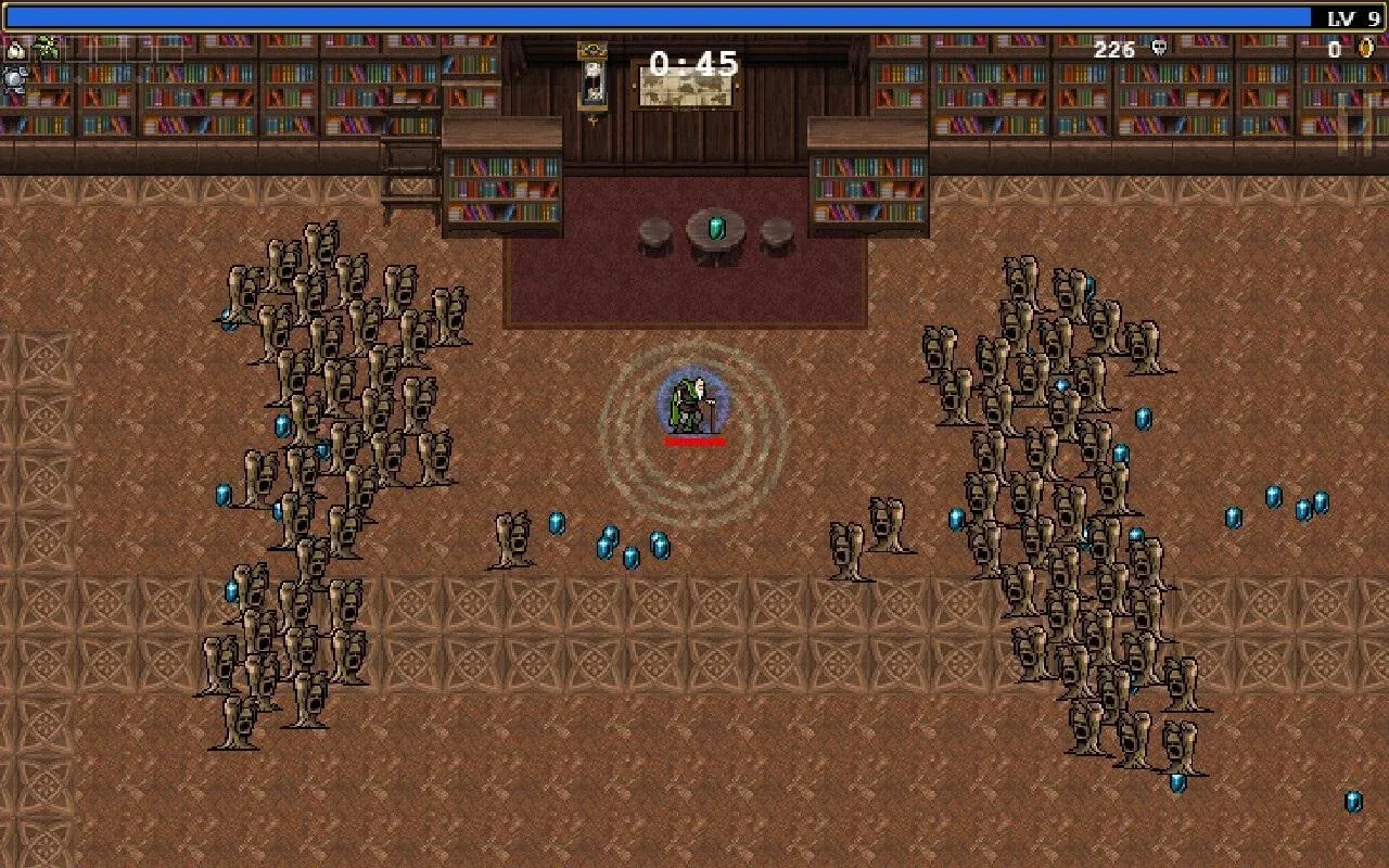 A character surrounded by enemies in Vampire Survivors