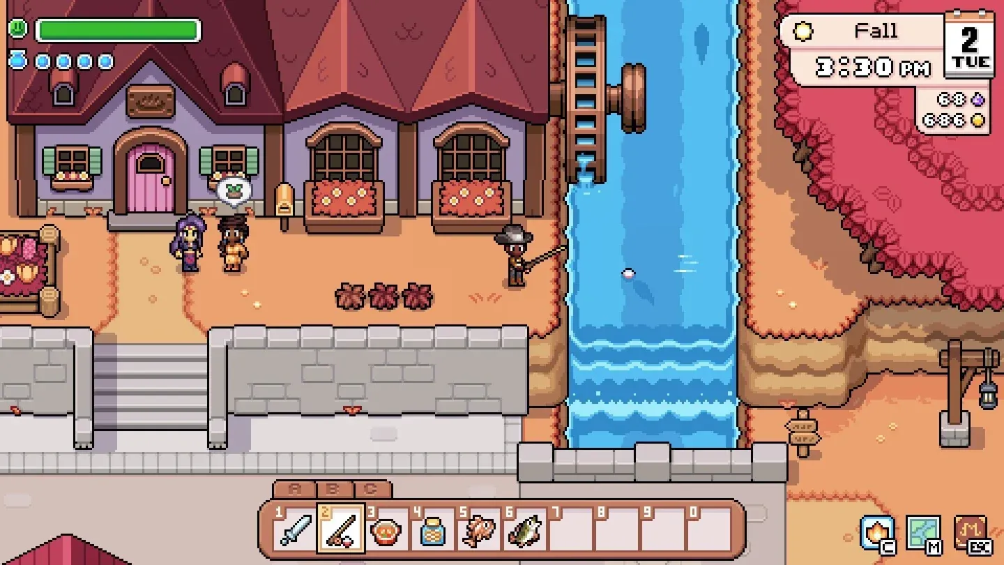 A pixel art town in Fields of Mistria