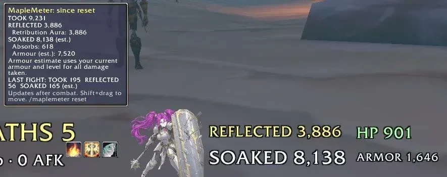 我的 Paladin 數據統計：自上次重置以來，Retribution Aura 反彈了 3,886 點傷害，並承受了 8,138 點傷害。