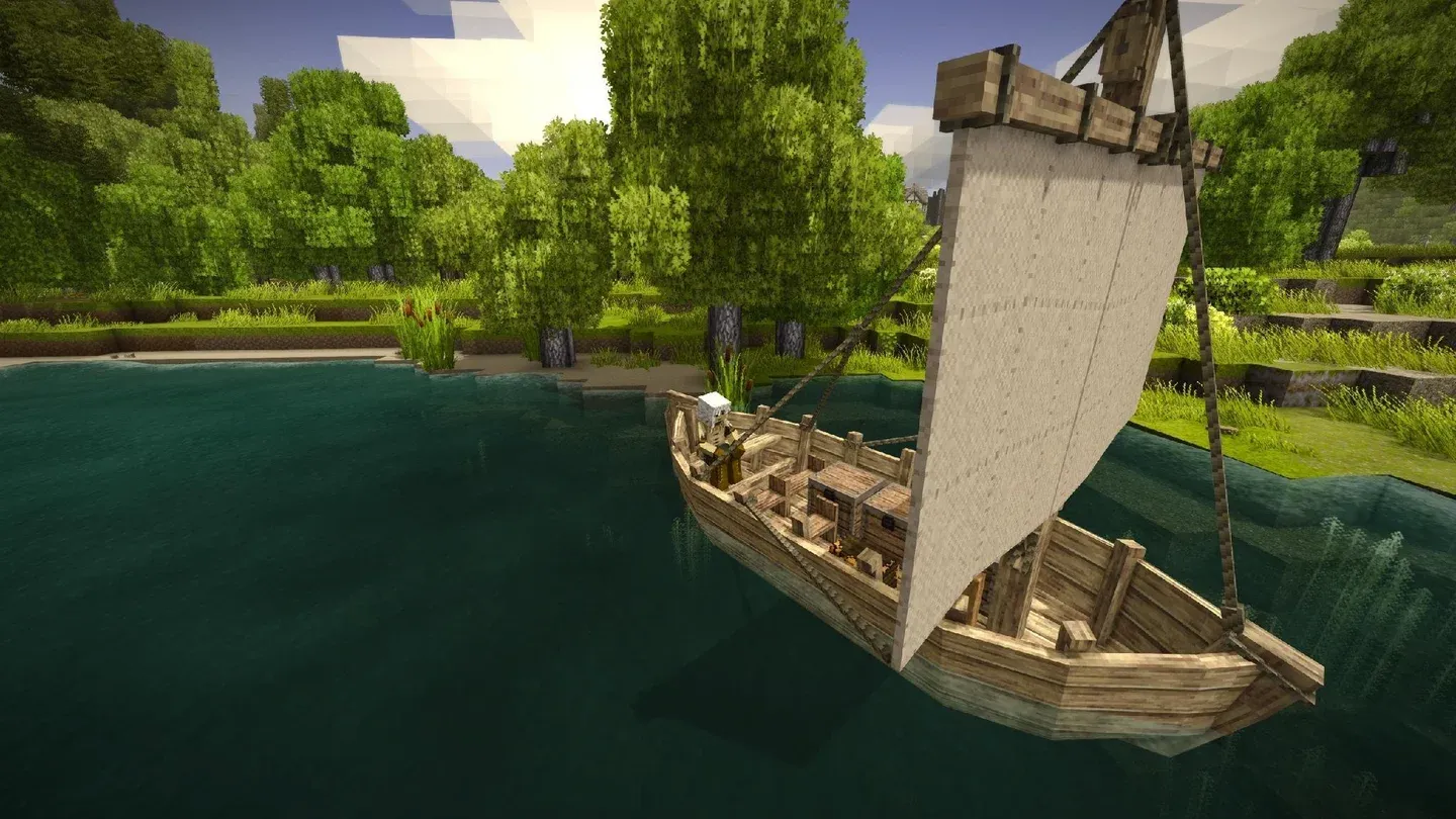 A wooden sailboat beside a riverbank in Vintage Story