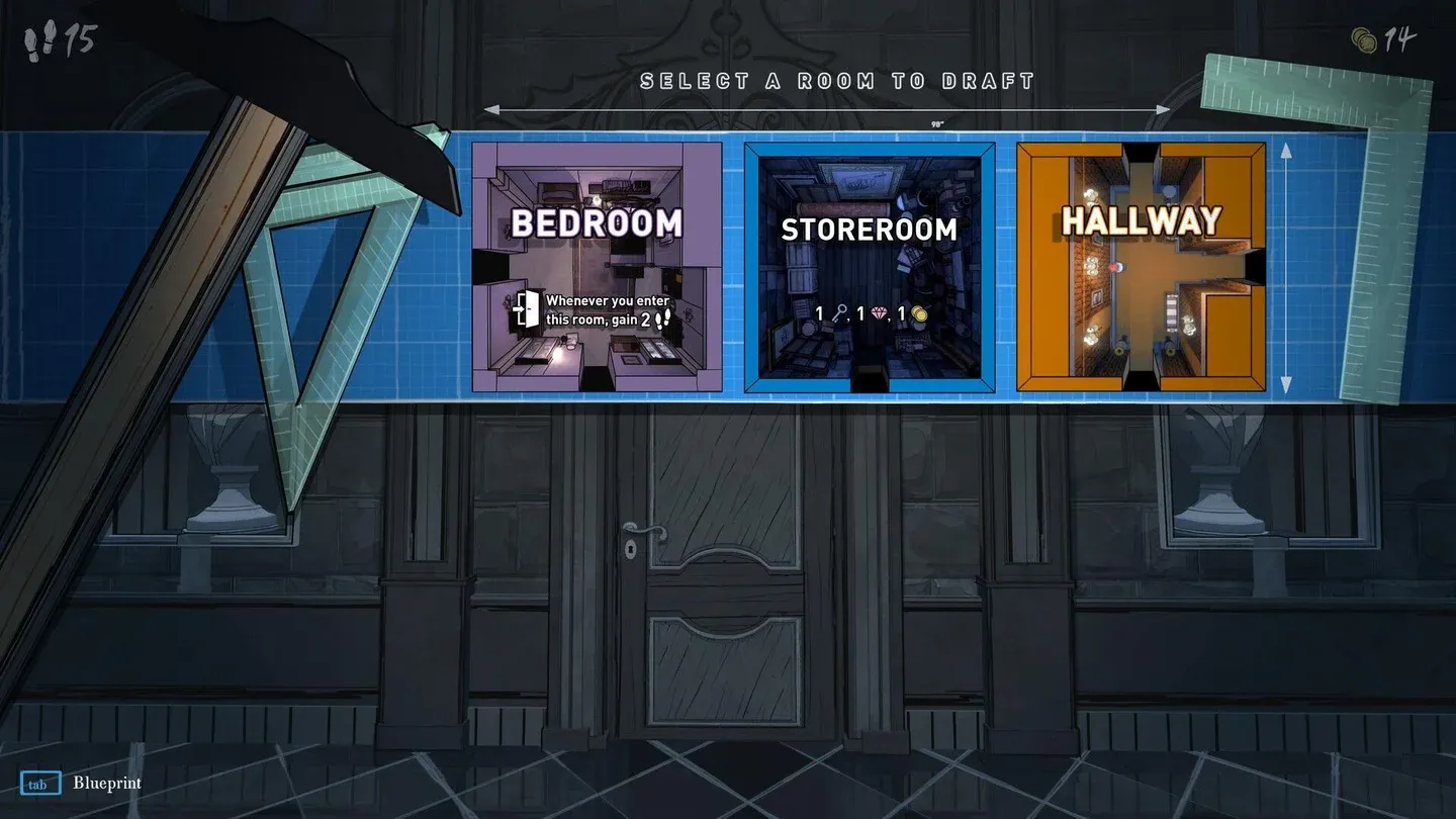 Room choices on the drafting screen in Blue Prince