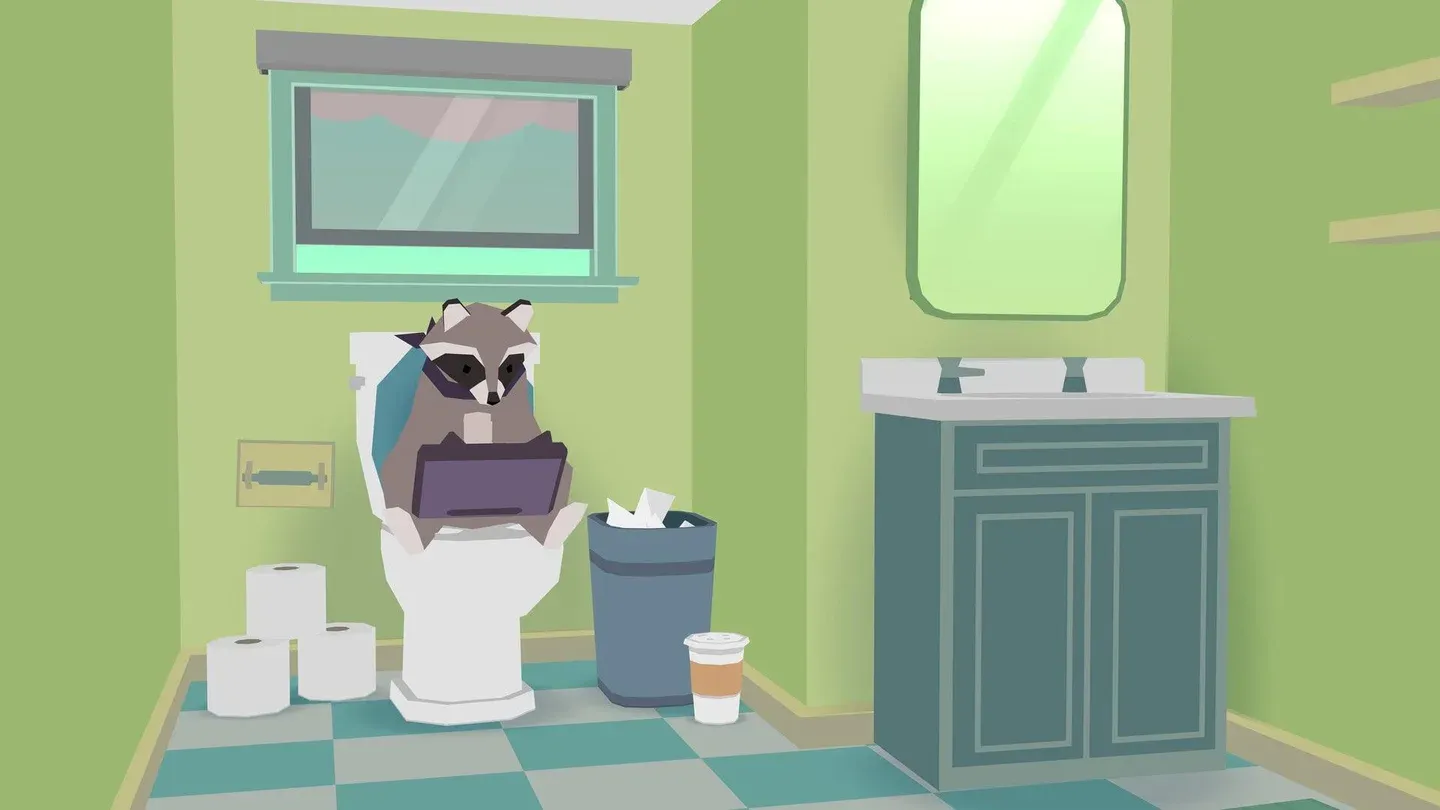Ein Waschbär in einem Raum in Donut County