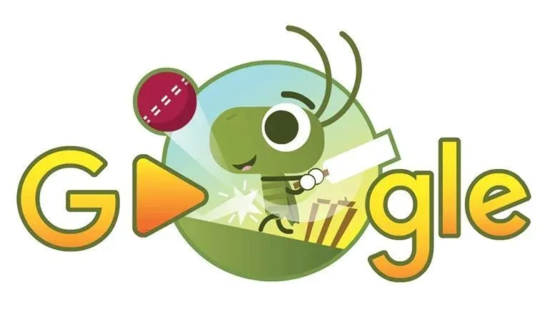 A cricket character and Google lettering in the official Cricket Doodle artwork