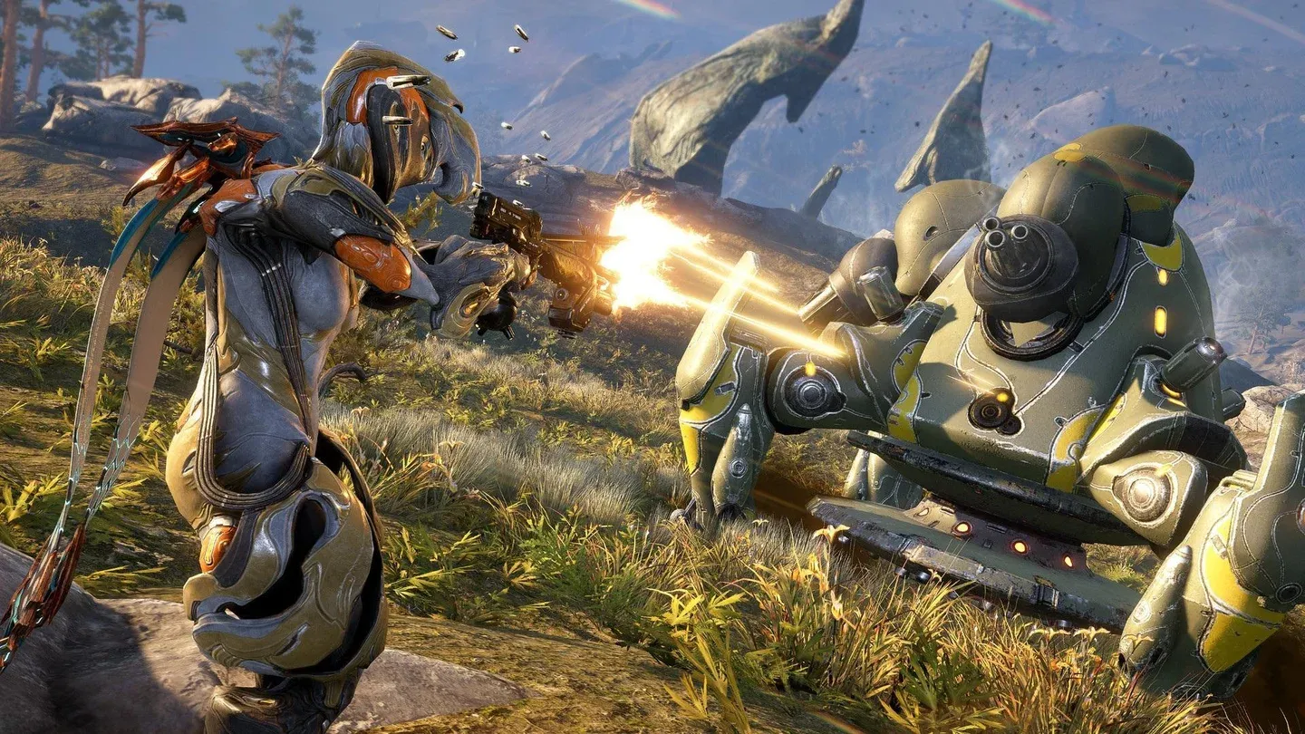 Armored characters in an official Warframe image