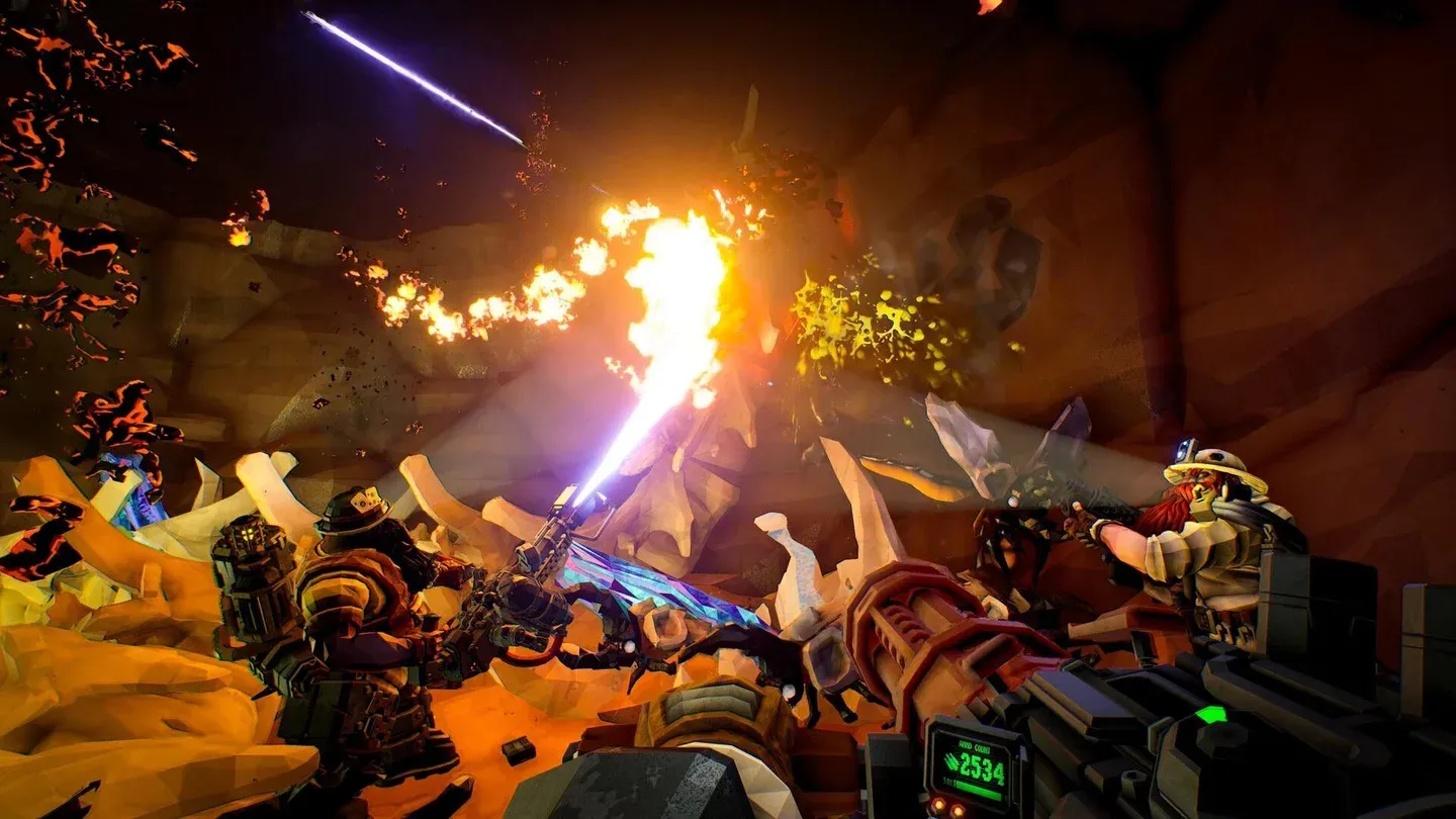 Dwarves fighting in underground caves in Deep Rock Galactic