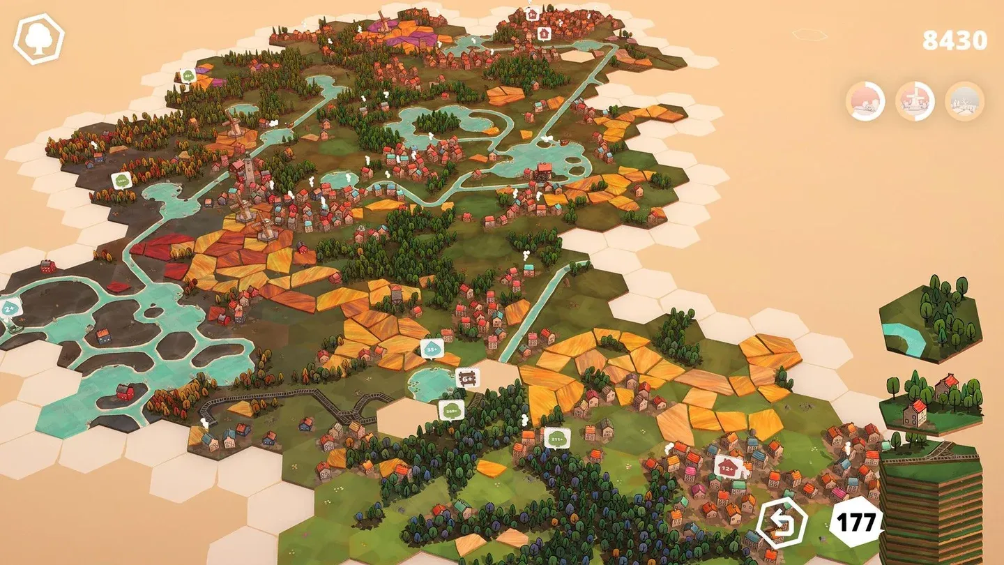 A landscape built from hexagonal tiles in Dorfromantik