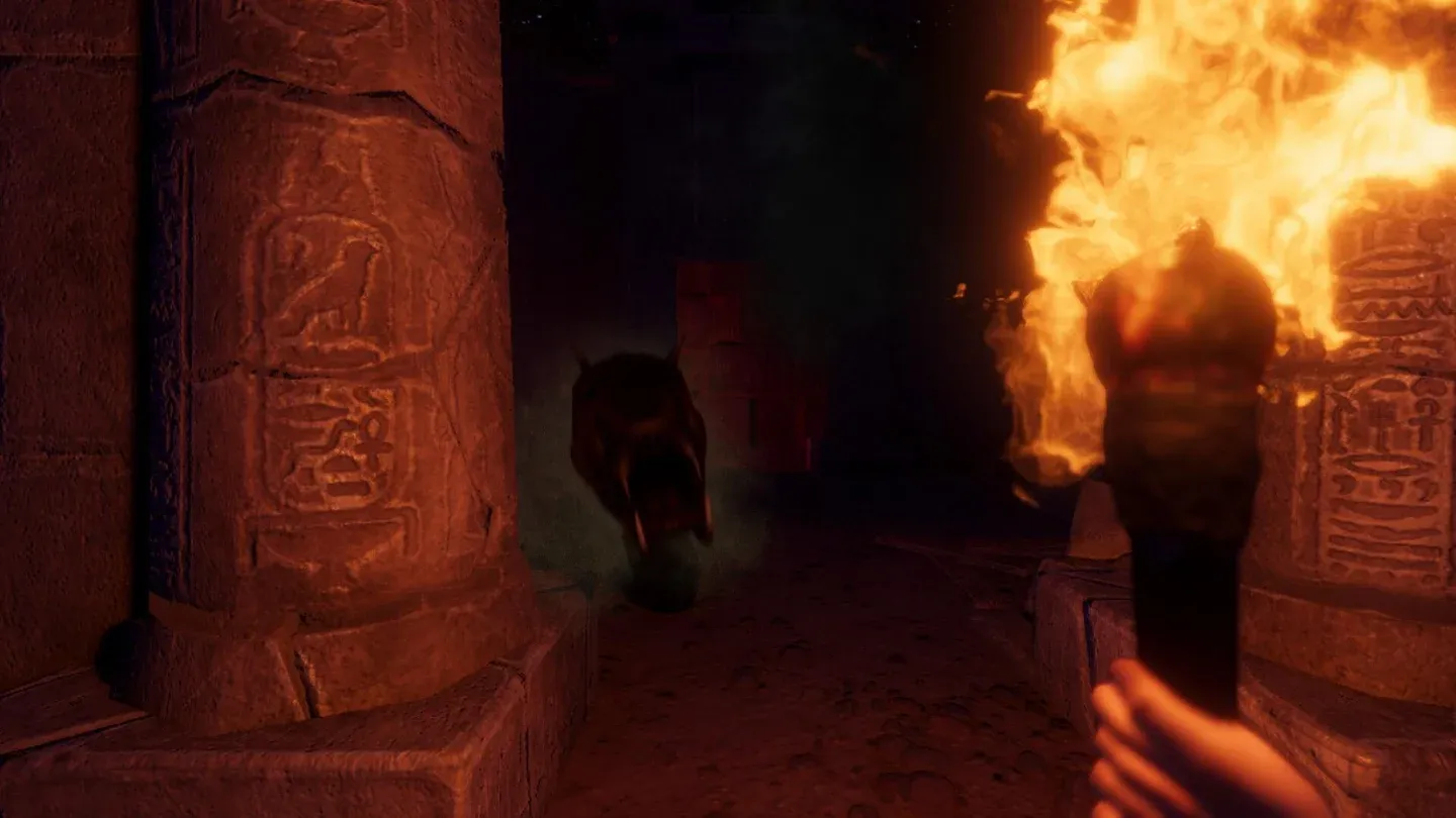 A first person tomb exploration scene in FOREWARNED