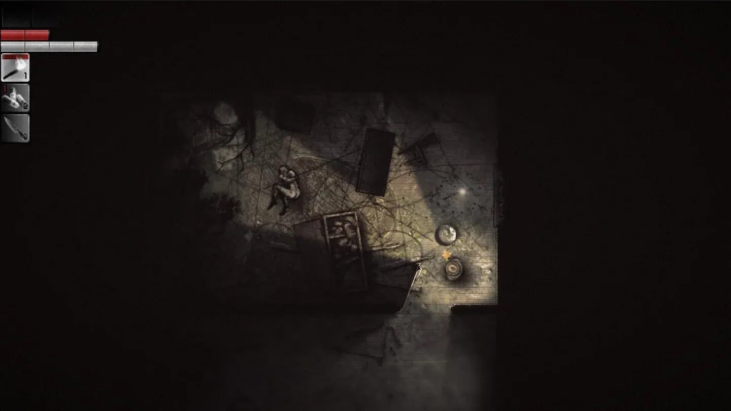 An overhead view of a dark environment in Darkwood