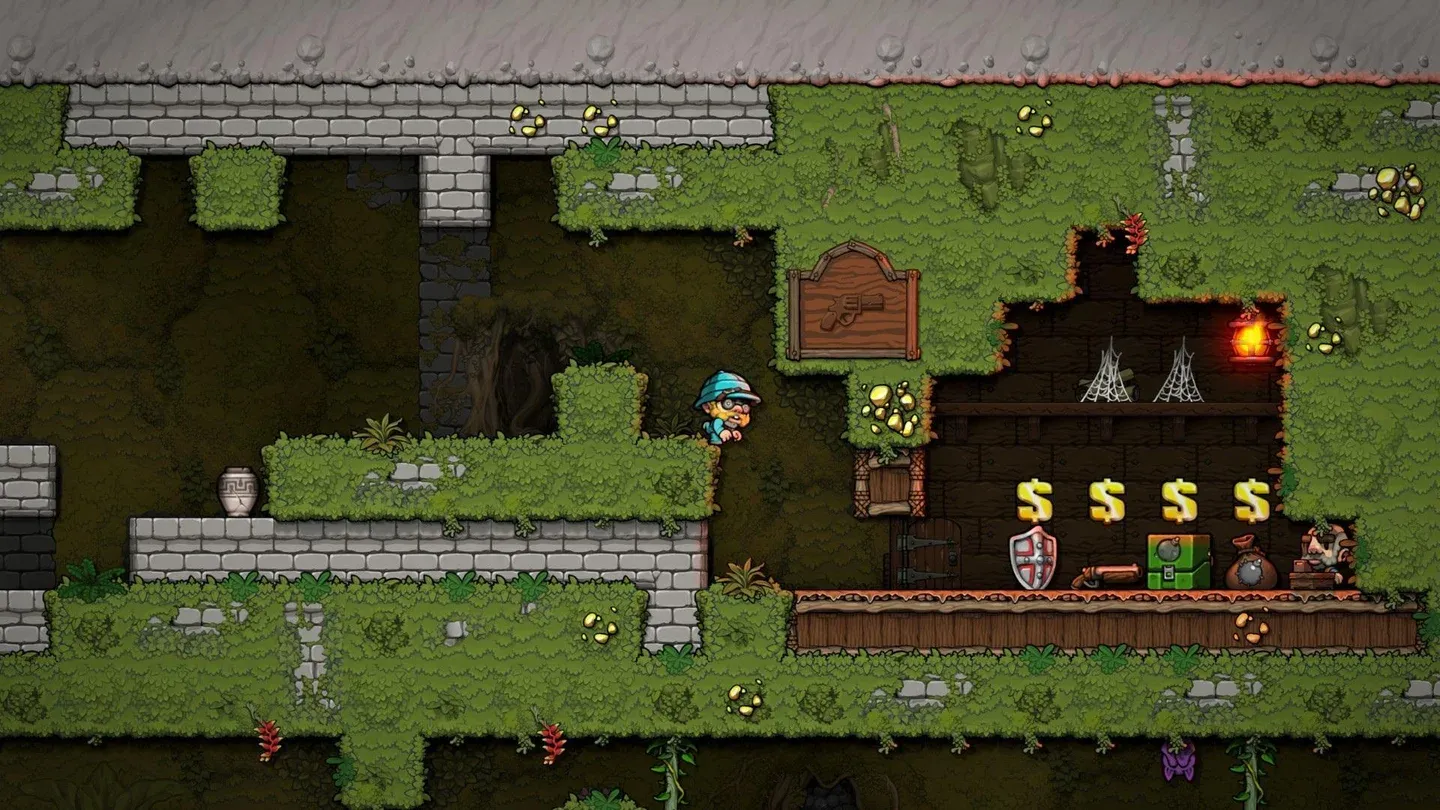 A character exploring a trap filled cave in Spelunky 2