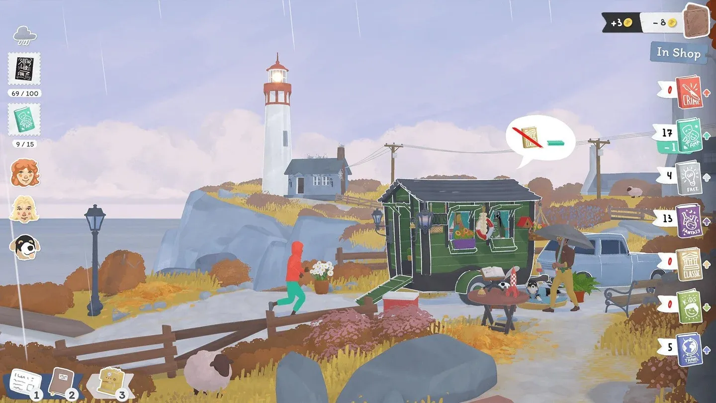 A traveling bookshop and its surroundings in Tiny Bookshop