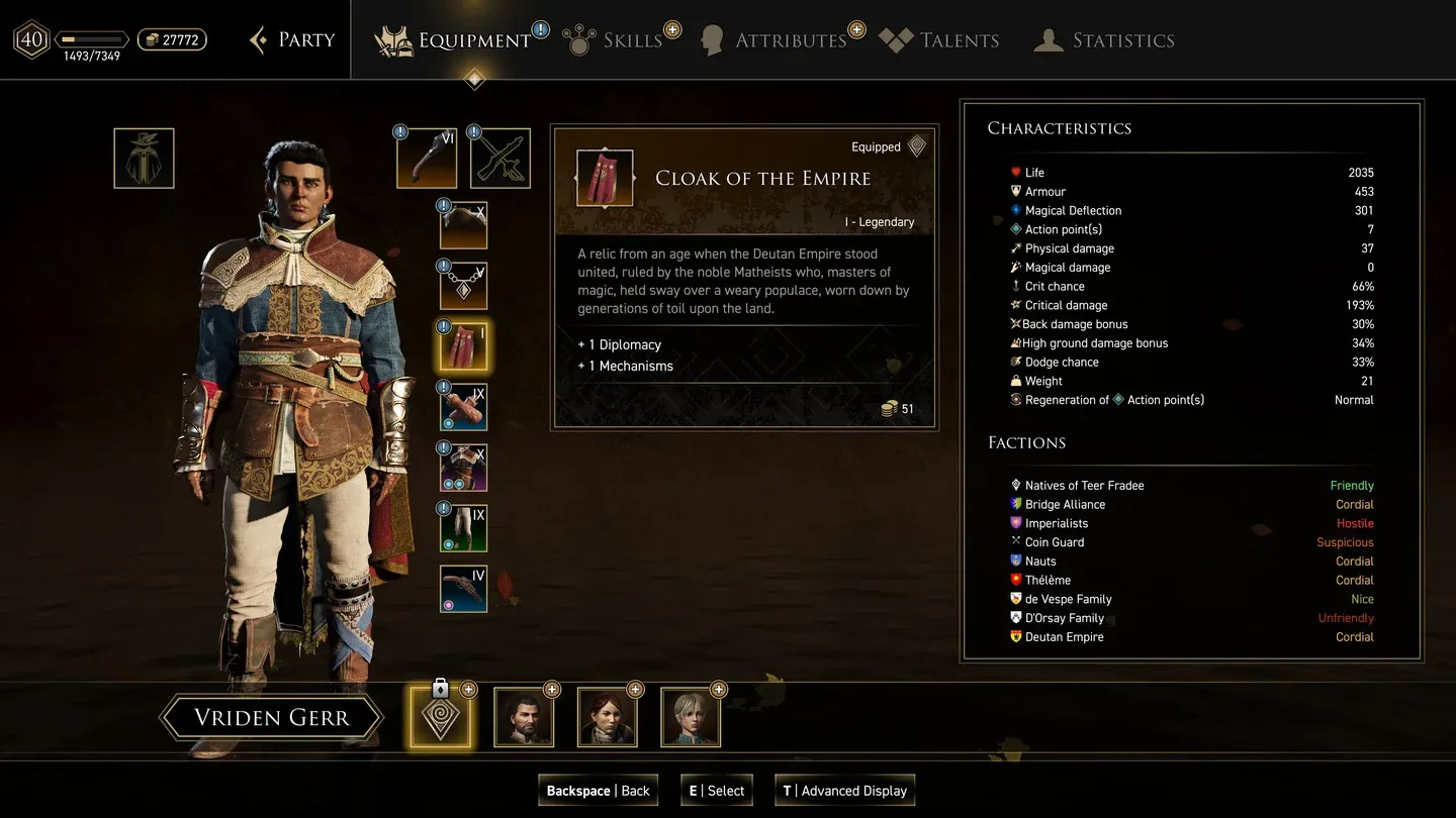 Starting stat selection screen
