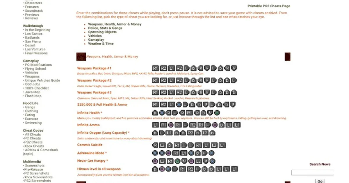 GTA San Andreas PS2 Cheat Codes Guide | PDF | Weaponry | Leisure - Social