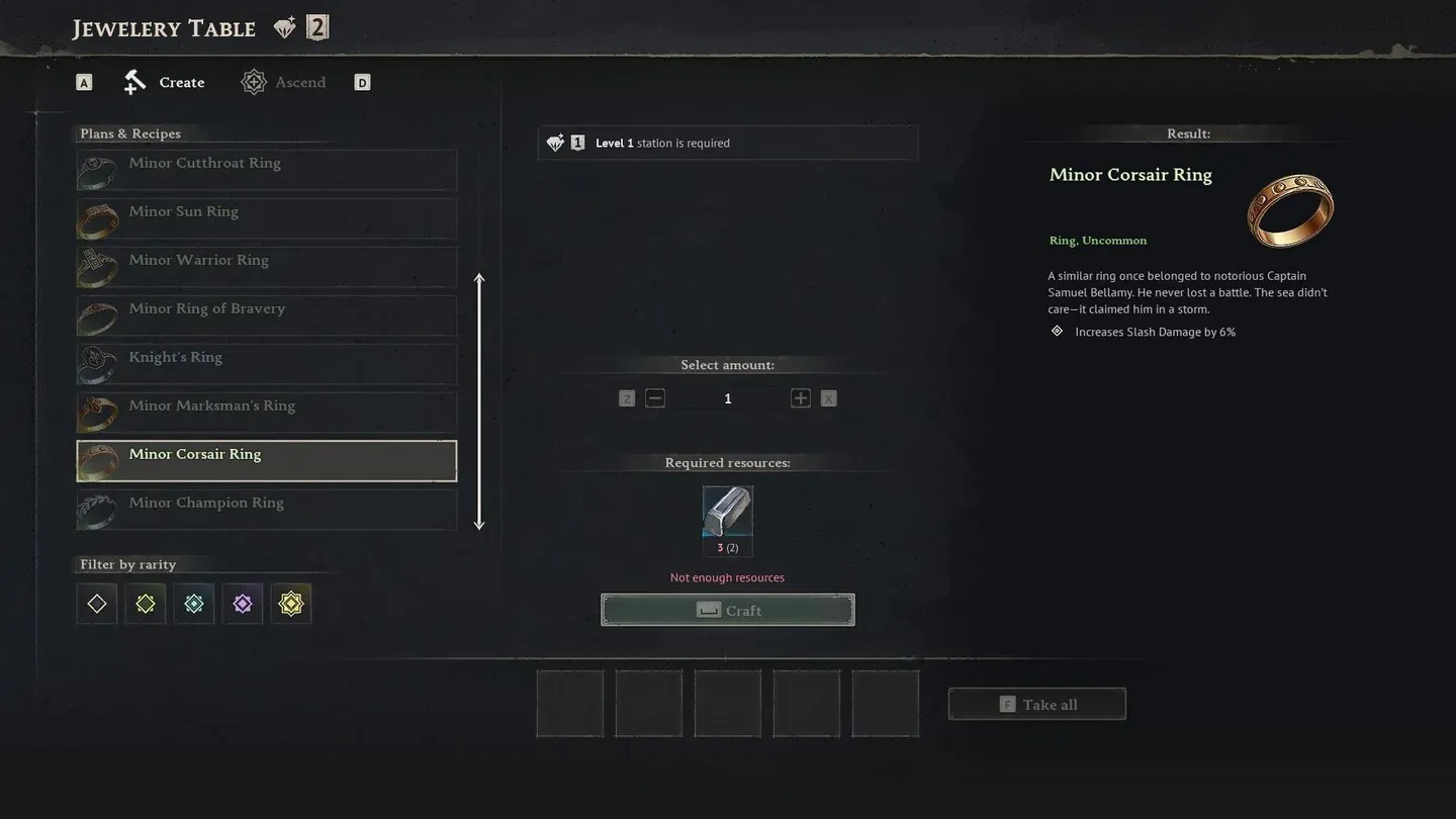 Jewelry Table crafting screen