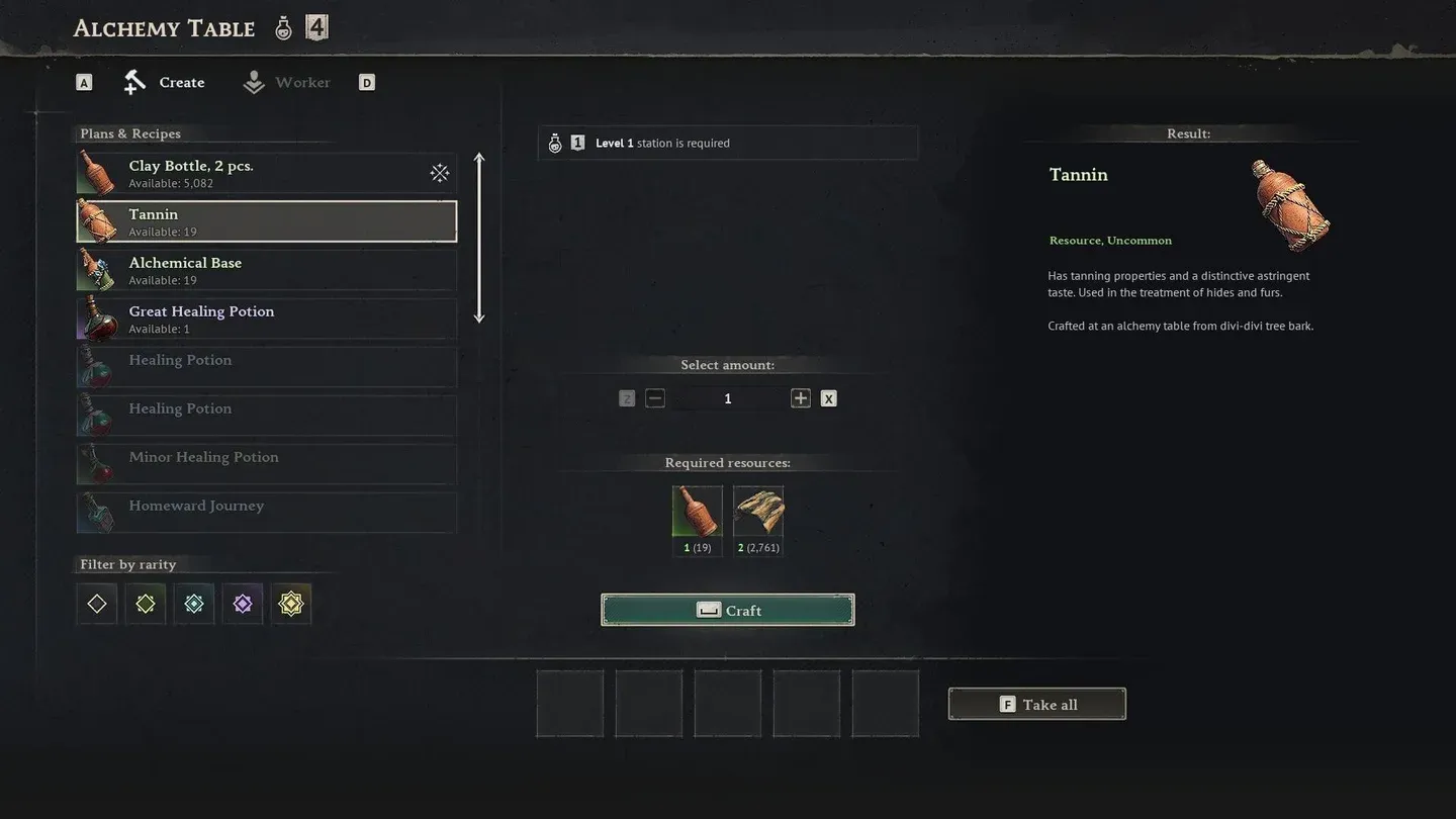 Alchemy Table recipe selection