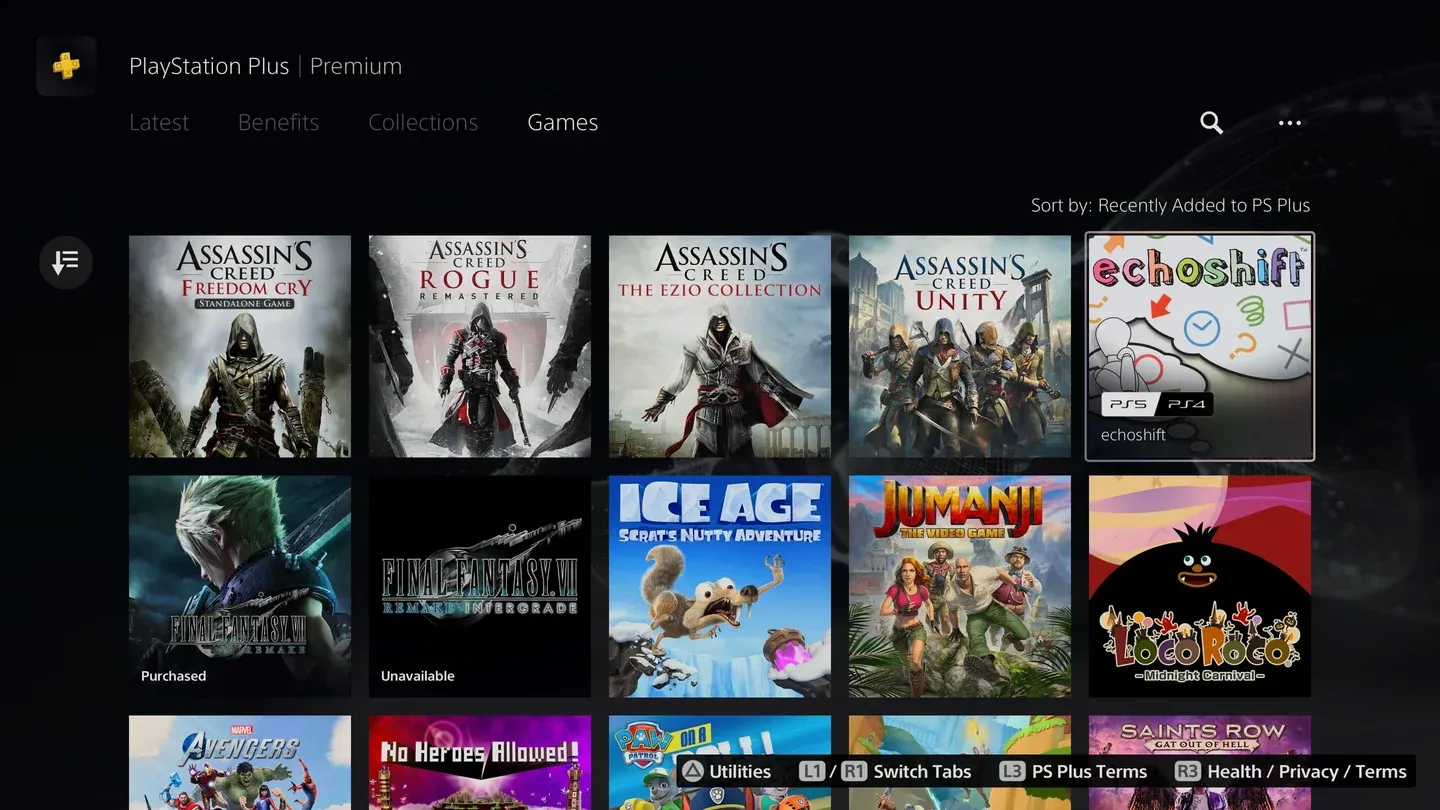 PS Plus Extra catalog menu