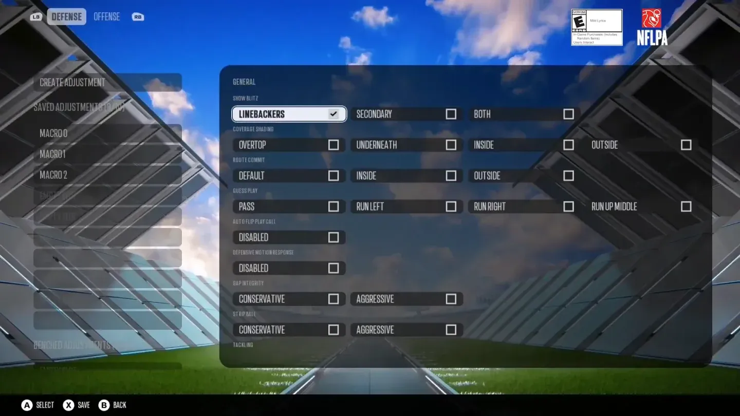 Coach adjustments setup screen