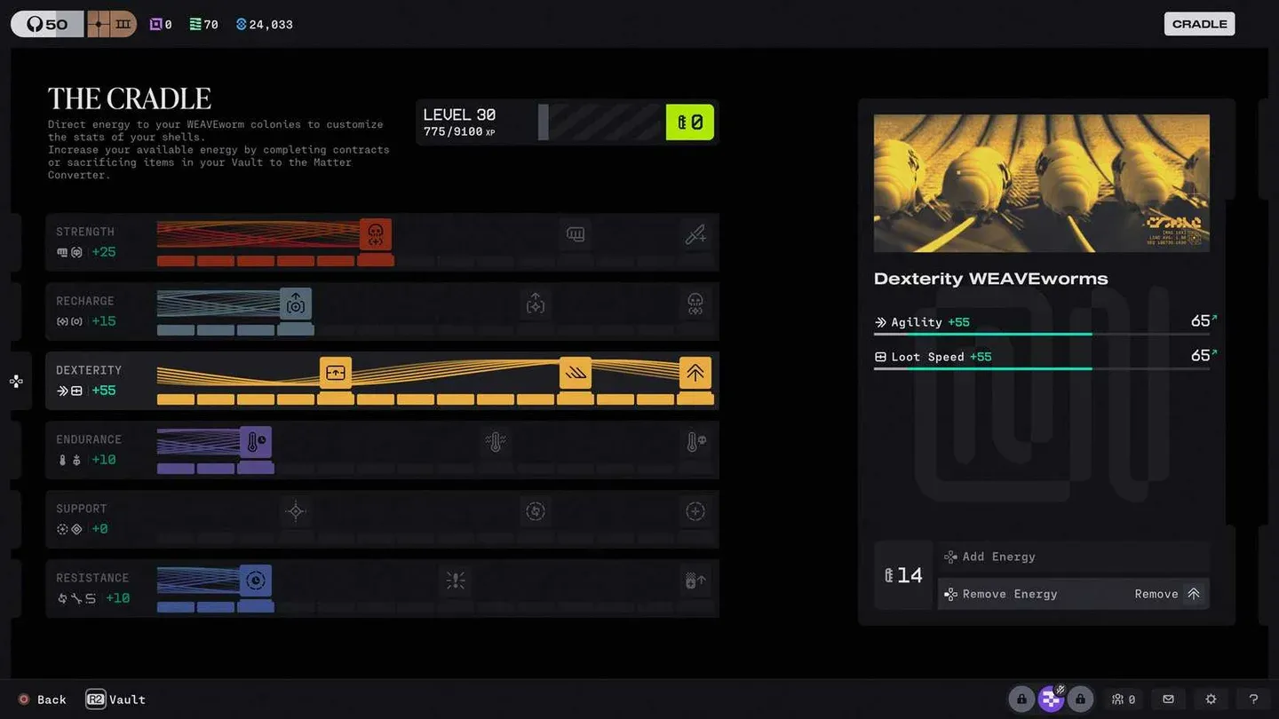 Cradle stat allocation screen