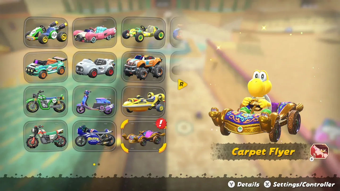 Driver and kart selection screen