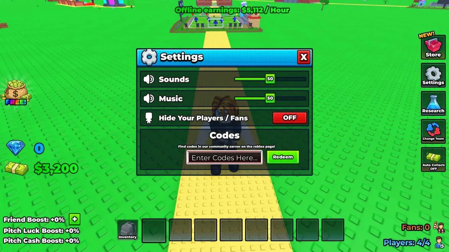 Code redemption settings menu