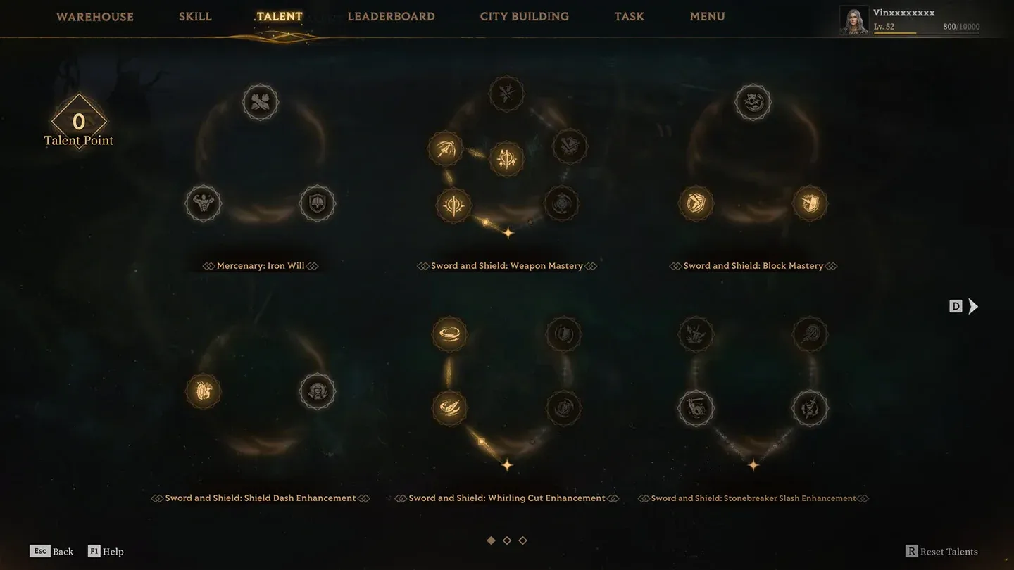 Mercenary skill selection screen