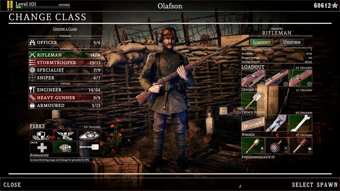 Class selection screen overview