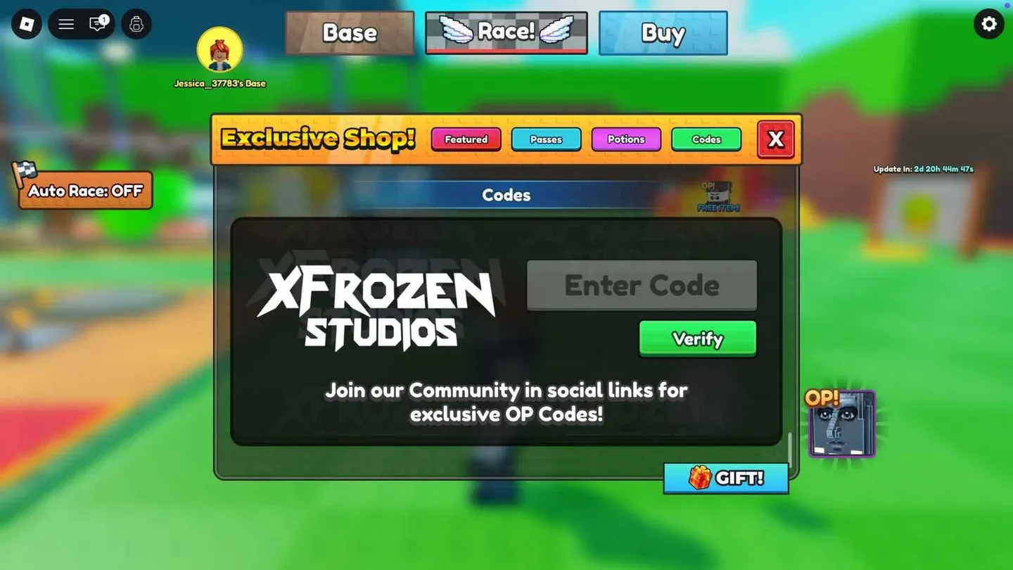 Codes menu in Lucky Block