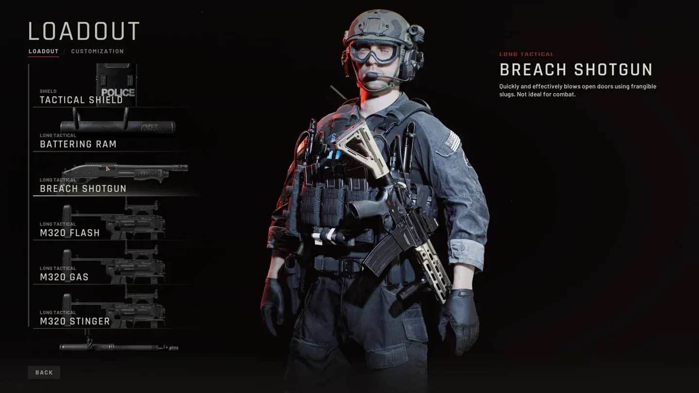Tactical loadout setup screen