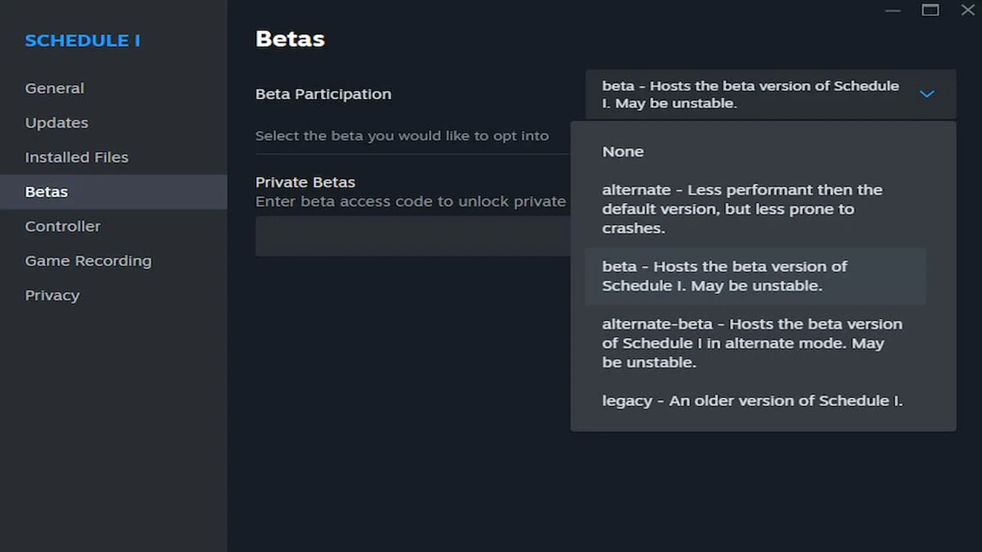 Schedule 1 Beta Branch for Early Update Access