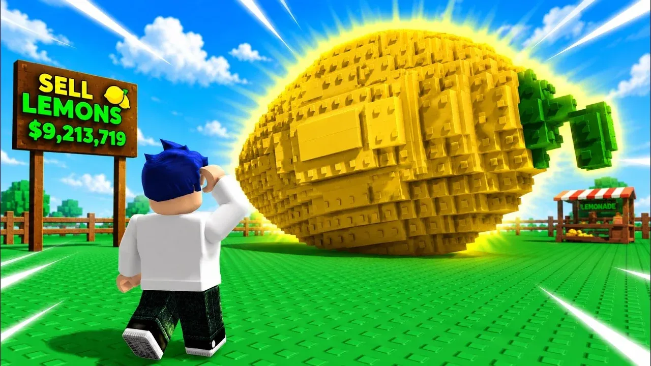 Sell Lemons Roblox gameplay showing a player beside a large lemon and the Sell Lemons sign