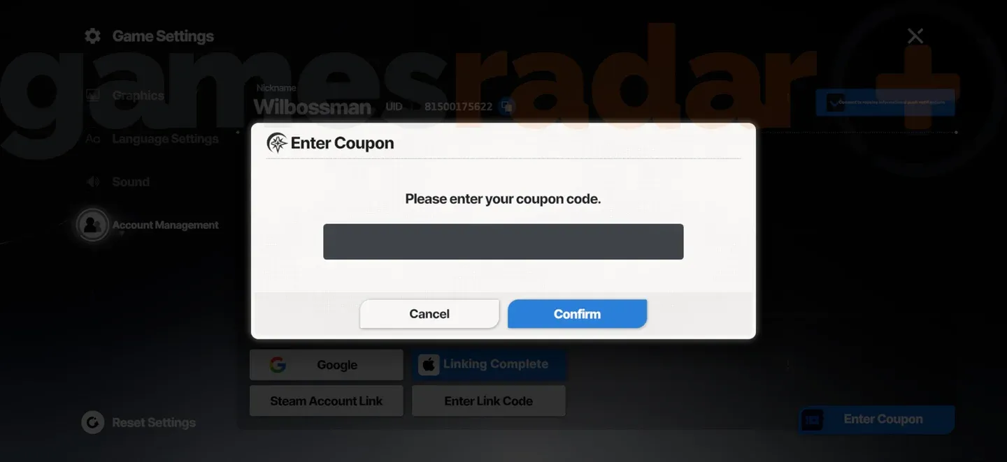 Coupon entry screen in-game