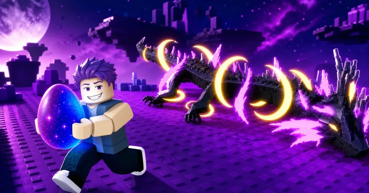 Steal An Egg gameplay artwork with a player carrying a glowing cosmic egg in a purple landscape