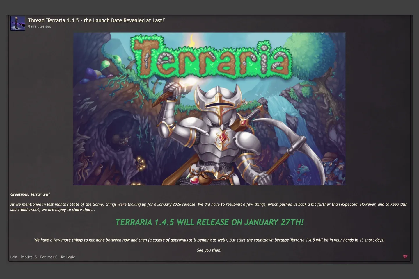 Re-Logic's anniversary message